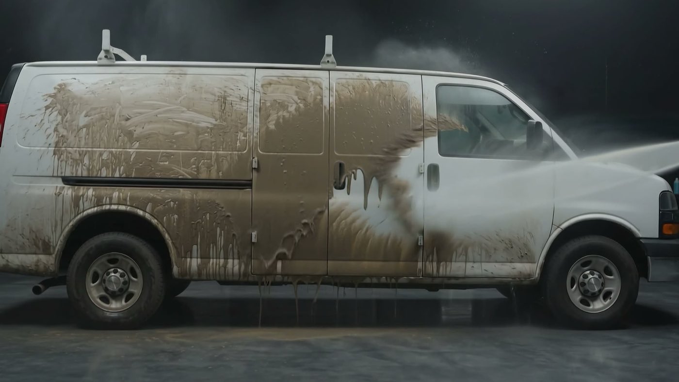 Technician washing road salt residue from the undercarriage of a Michigan fleet truck
