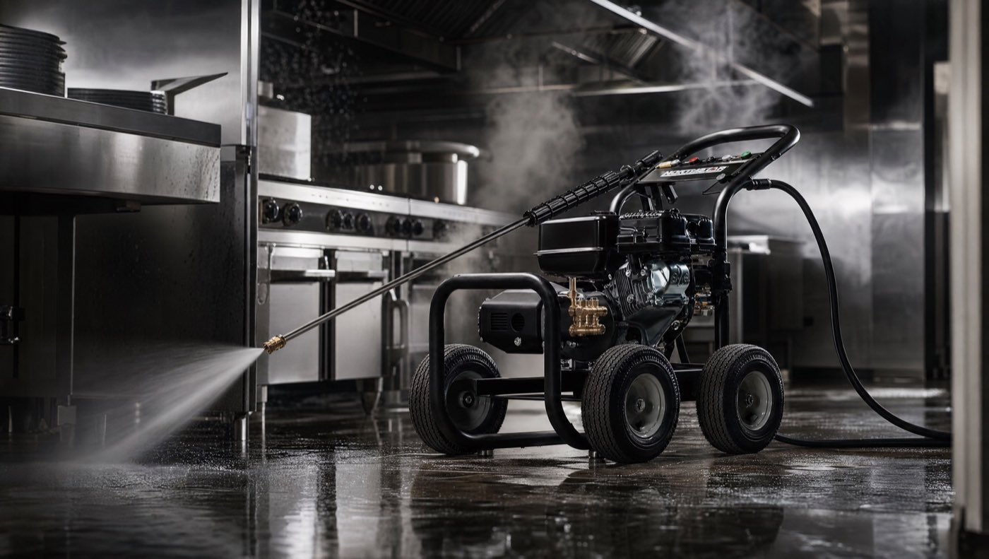 Industrial steam cleaning equipment operating at a commercial facility