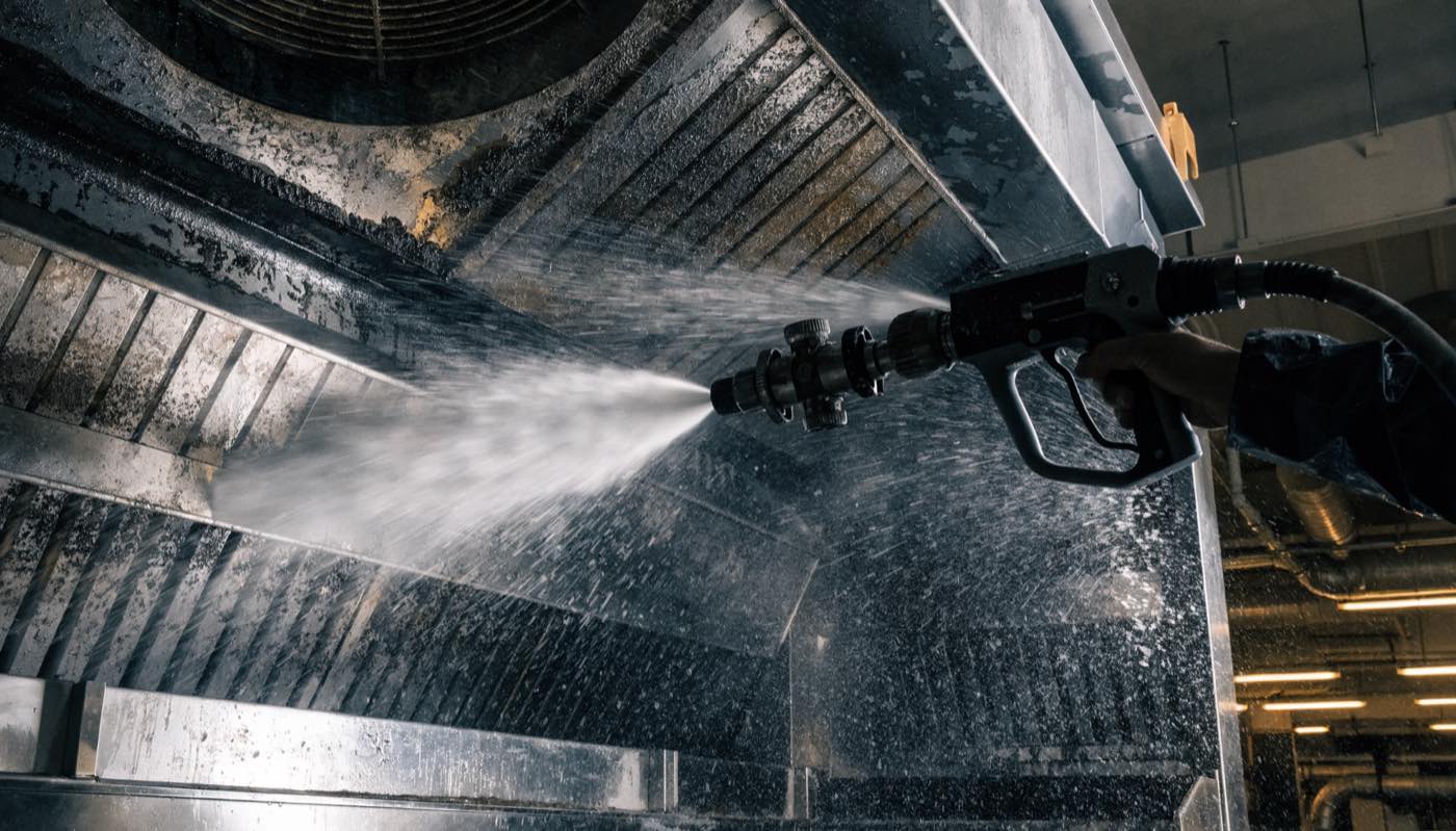 Technician cleaning a commercial kitchen exhaust hood and filters