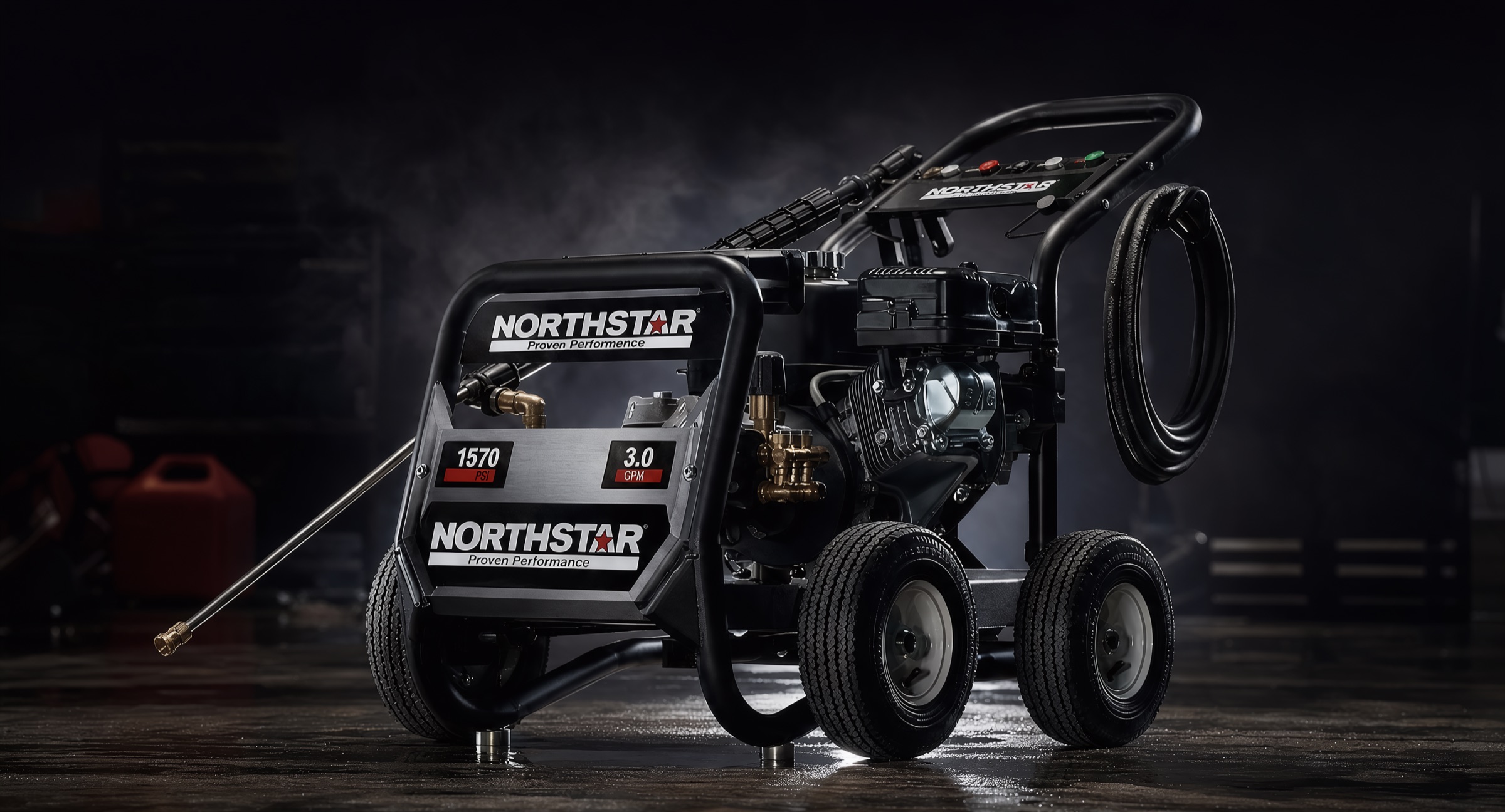 Northstar Industrial Hot-Water Pressure Washer — high-output hot-water pressure washer with dual wheels and high-capacity reel