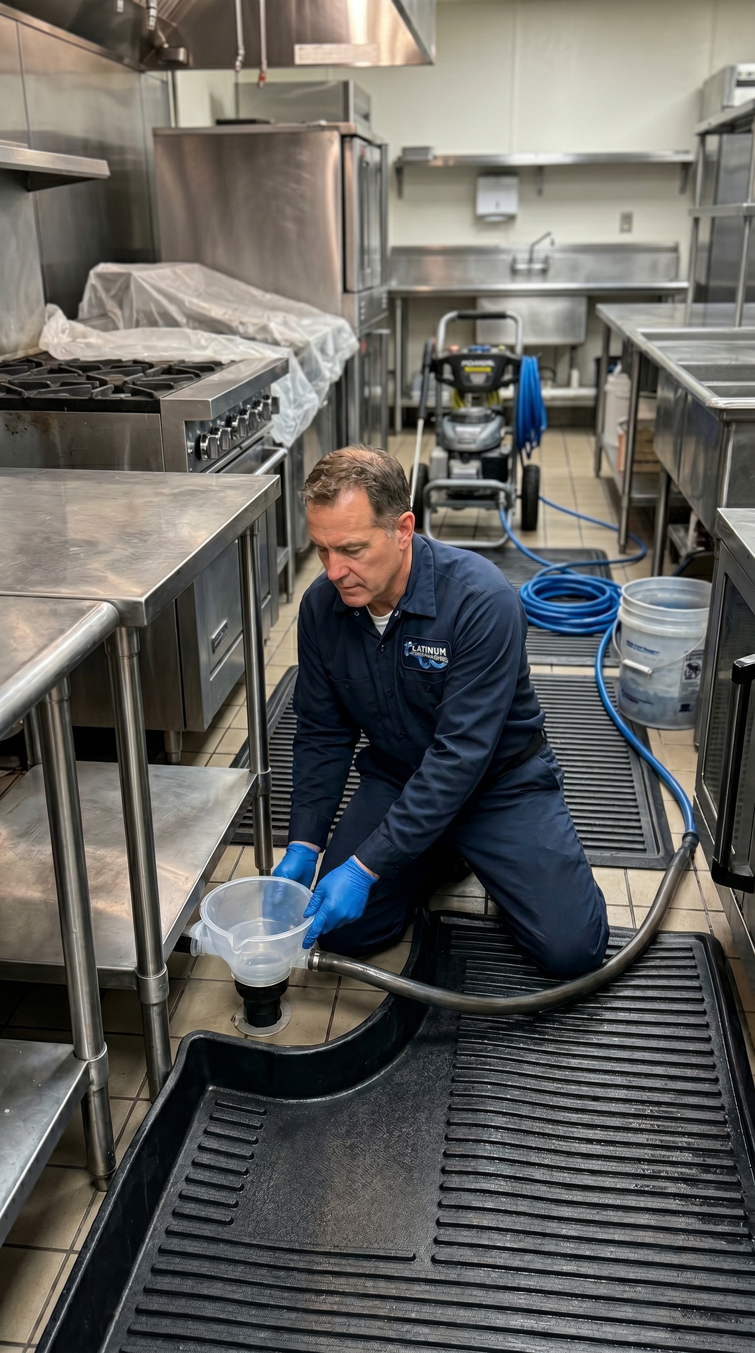 Containment funnel set into a kitchen floor drain, pressure-washer reel staged in the background
