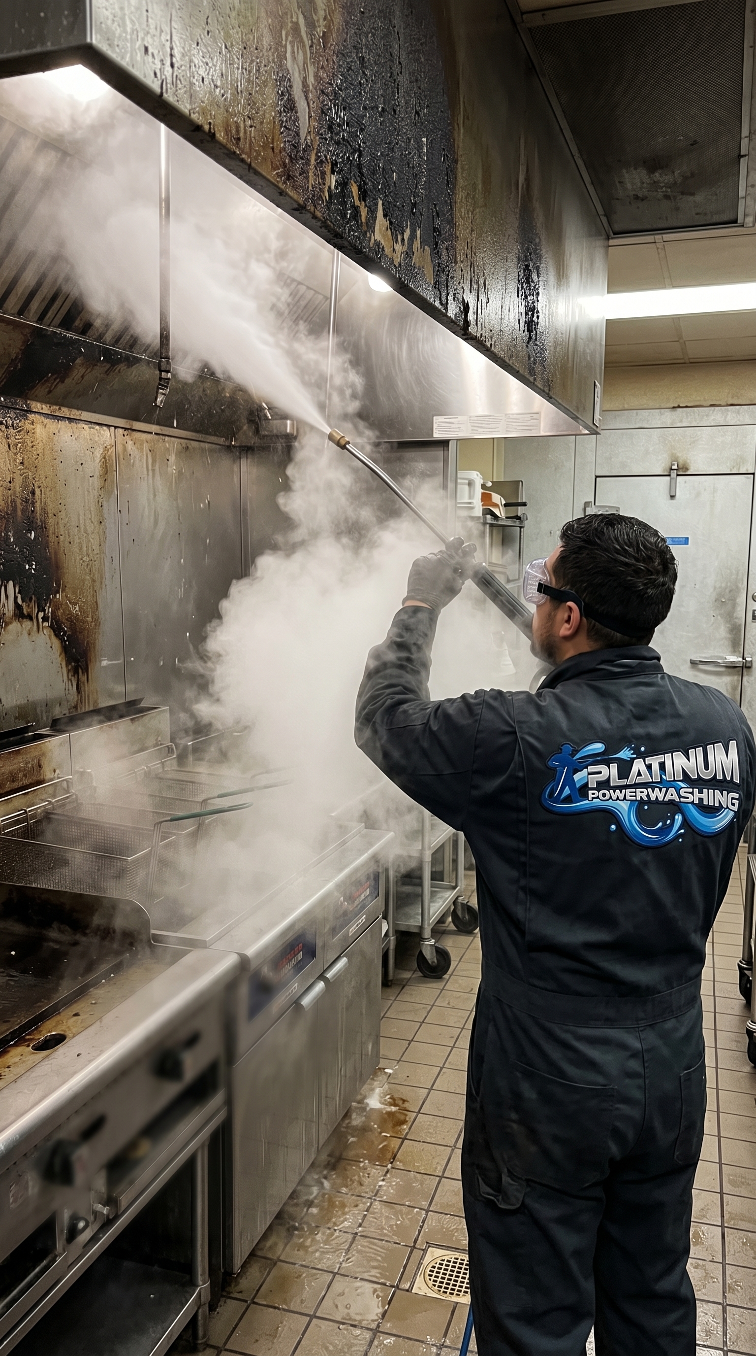 Branded Platinum Power Washing operator blasting a heavy-grease commercial hood back to bare metal