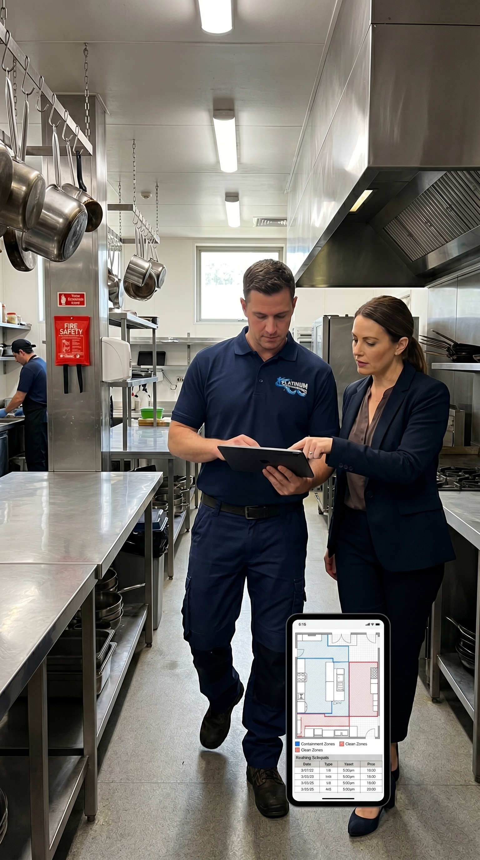 Victor walking a commercial kitchen with the customer, tablet showing the containment-zone floor plan