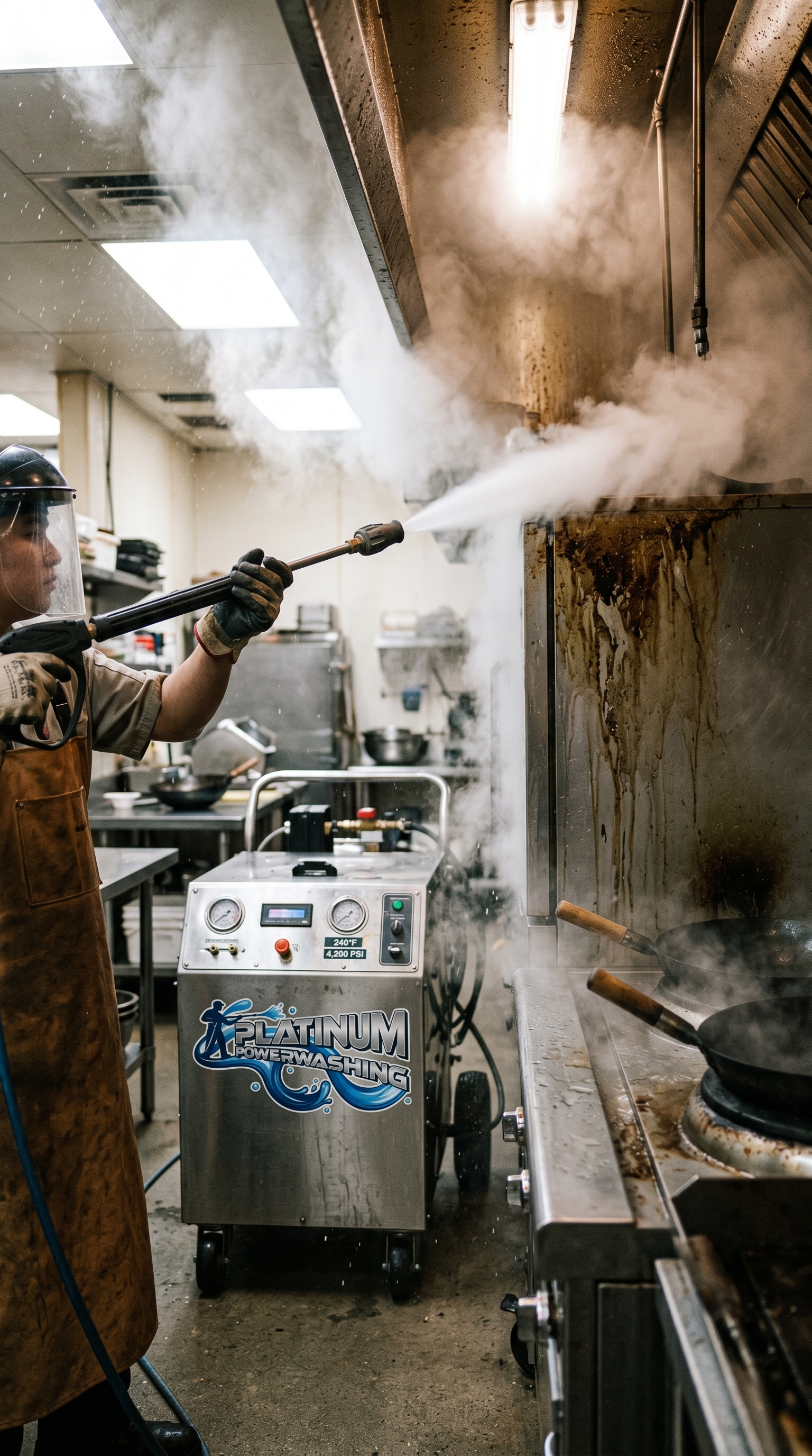 Platinum Power Washing steam unit running at 240°F and 4,200 PSI, vapor cone hitting a wok-station hood