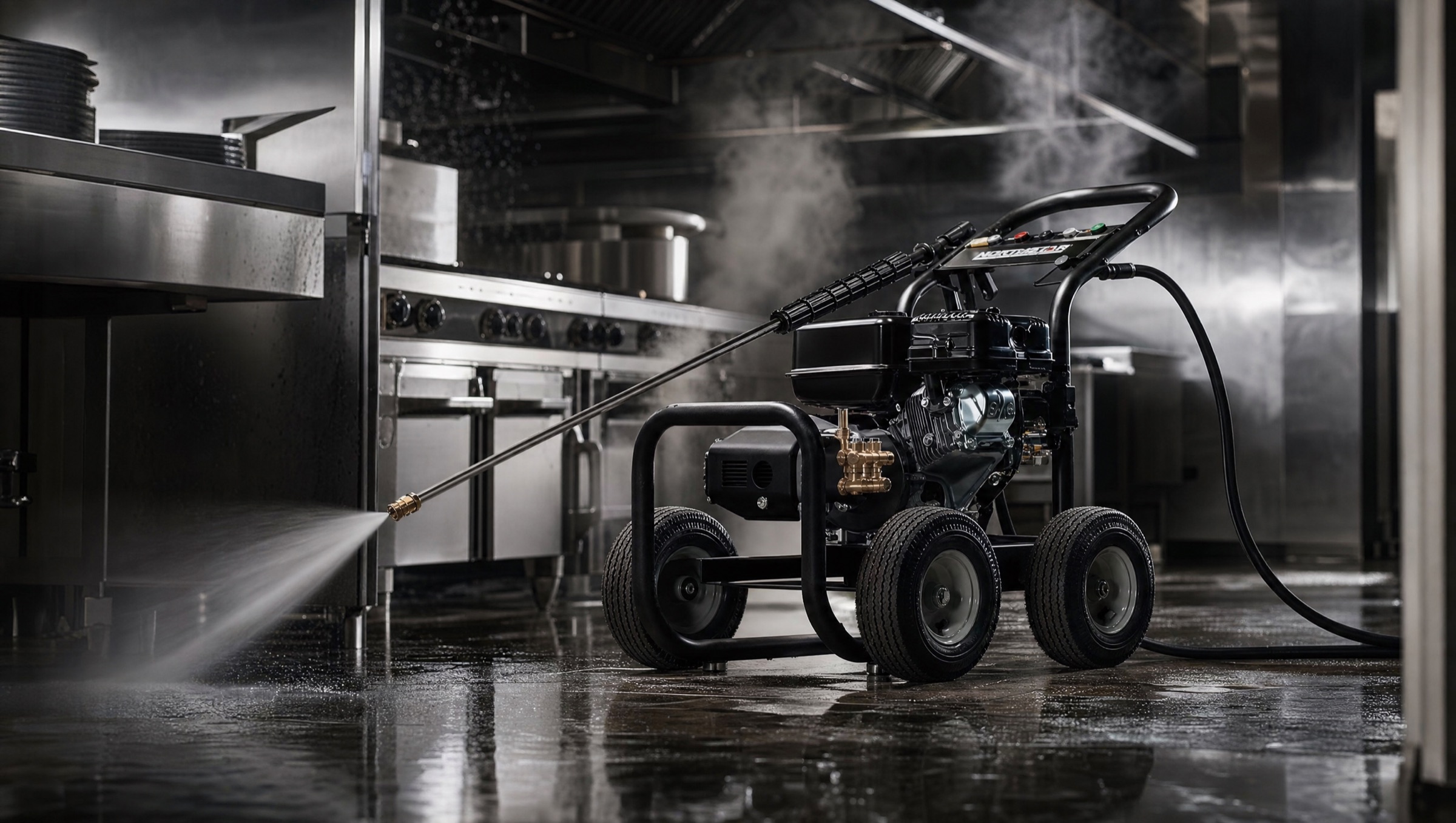 Warehouse concrete floor mid-clean with steam plume